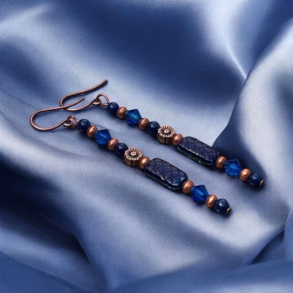 Handcrafted Blue and Copper Beaded Earrings - Picture 6 of 11